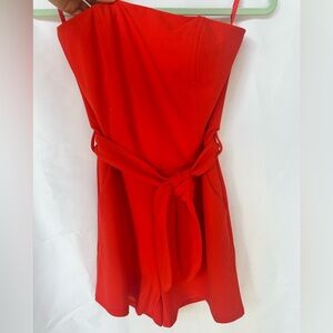 She + Sky Red Strapless Romper with Waist Tie